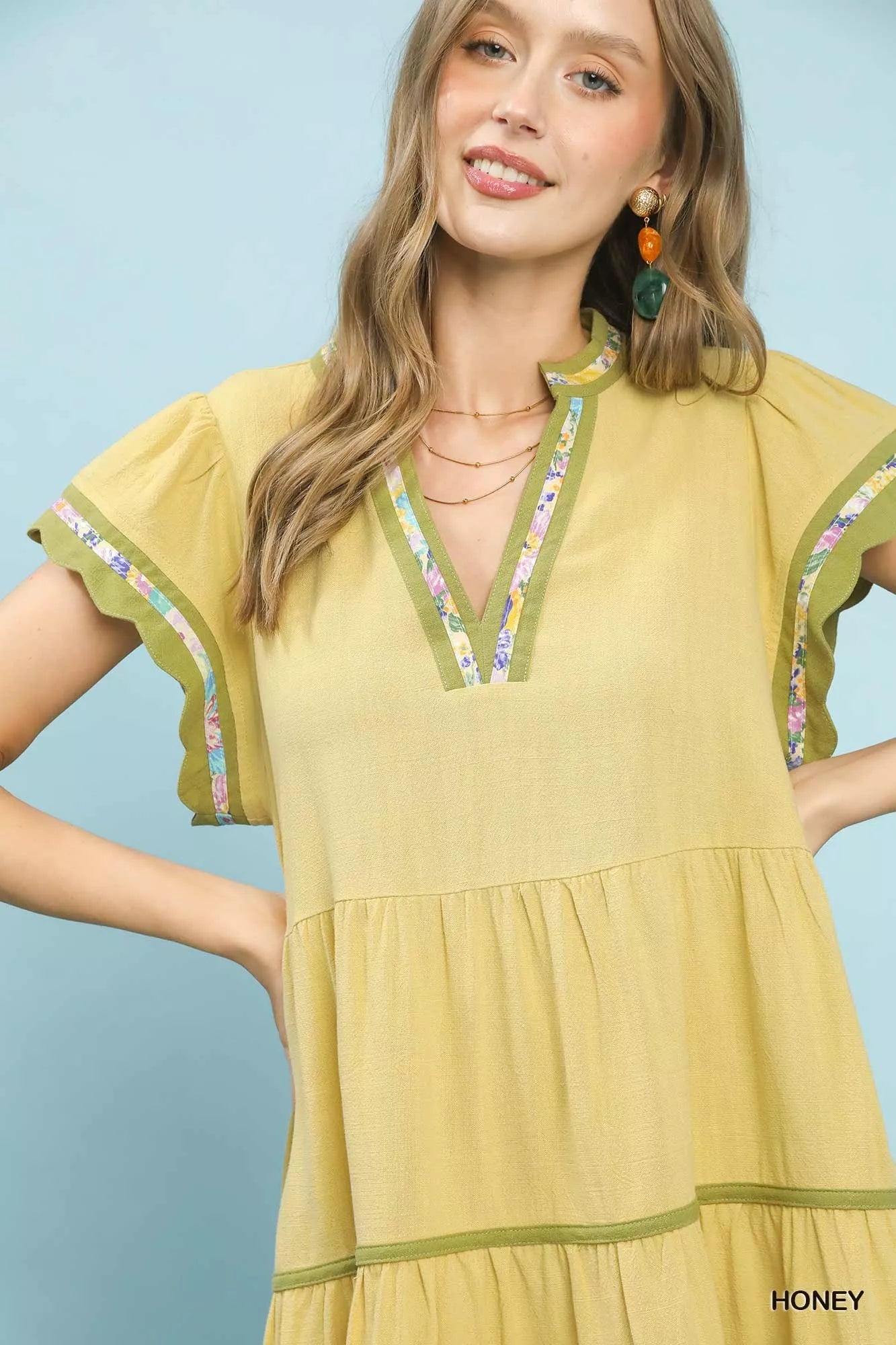 Linen Tiered Flutter Sleeve Dress with Floral Trim