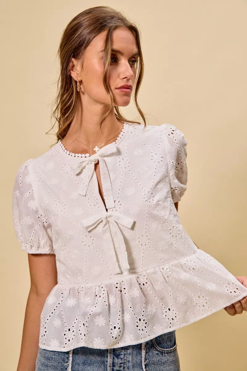 Cotton Eyelet Front Tie Short Sleeves Blouse