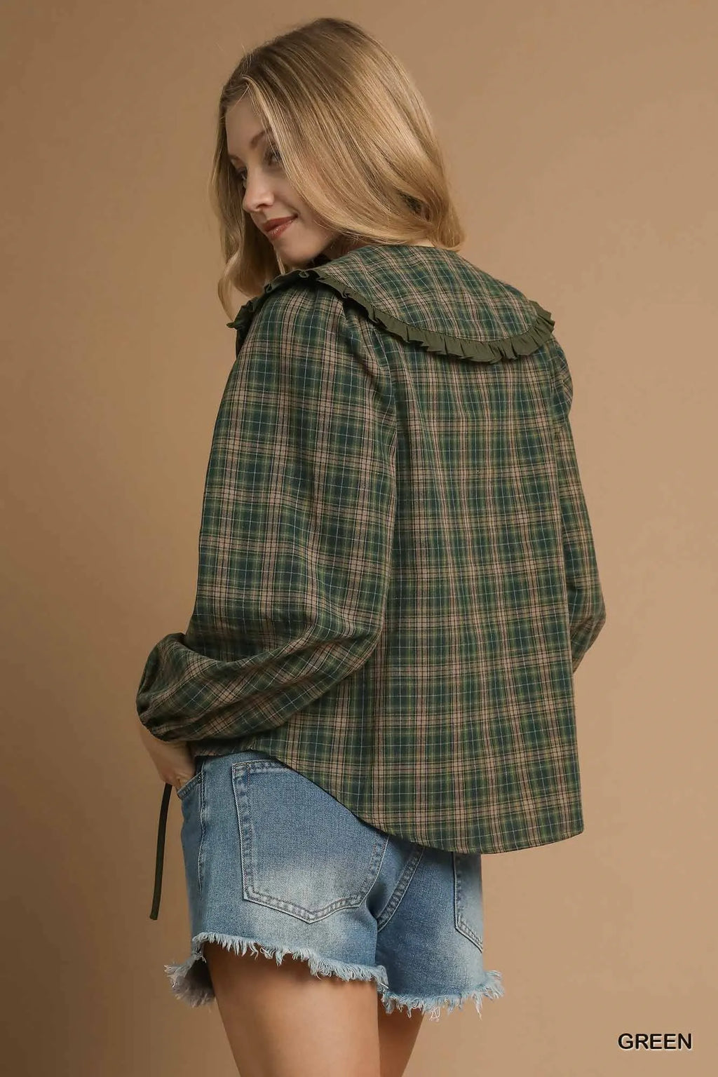 Full Size Plaid Ruffle Collar Blouse Plus Size