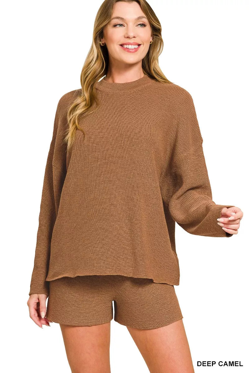 Round Neck Knit Top and Shorts Sweater Set