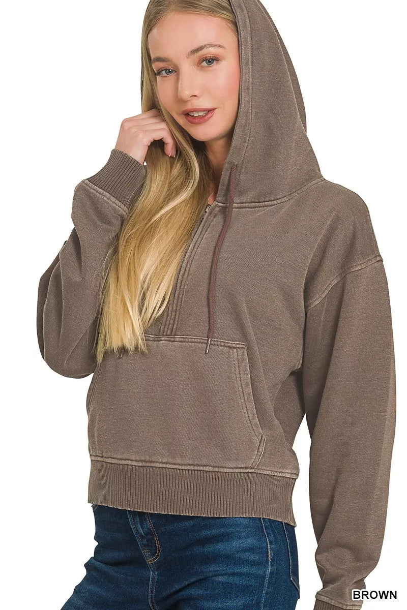 Fleece Pigment Dye Half Zip Kangaroo Pocket Hoodie