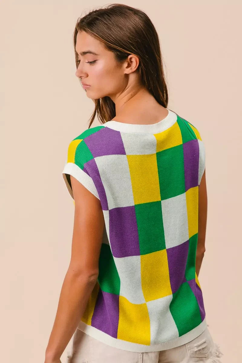Mardi Gras Checker Pattern Sleeveless Sweater Top