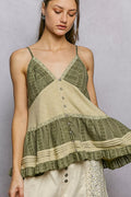 Button Front V-Neck Ruffled Cami with Pintuck Accents