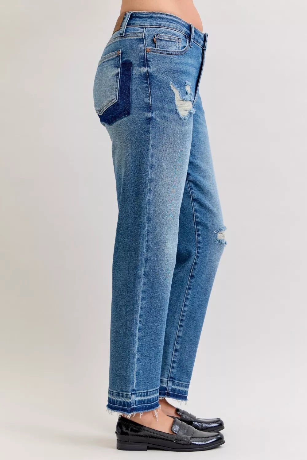 Full Size Mid Rise Bf Patch & Repair Destroy Release Hem Jeans Plus Size