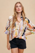 Multi Color Printed V-Neck Open Woven Blouse Top