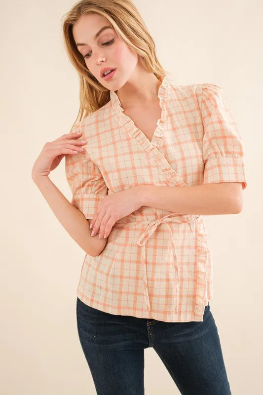 Plaid Patterned and Ruffled Wrap Blouse Top