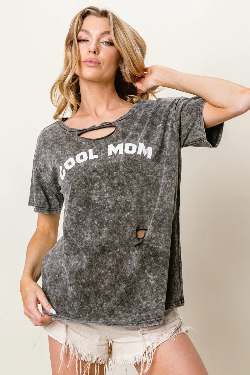 Washed Laser Cut Detail Cool Mom Print Top