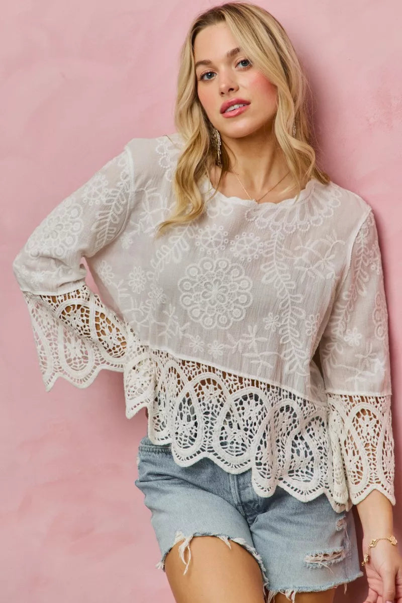 Floral Embroidered Crochet Lace Trimmed Top