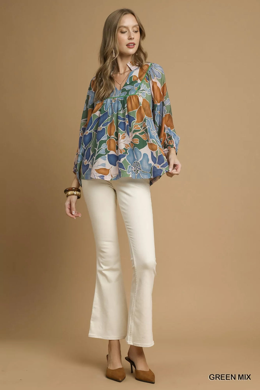 Multicolor Abstract Floral Print Blouse with Ruffle Neck