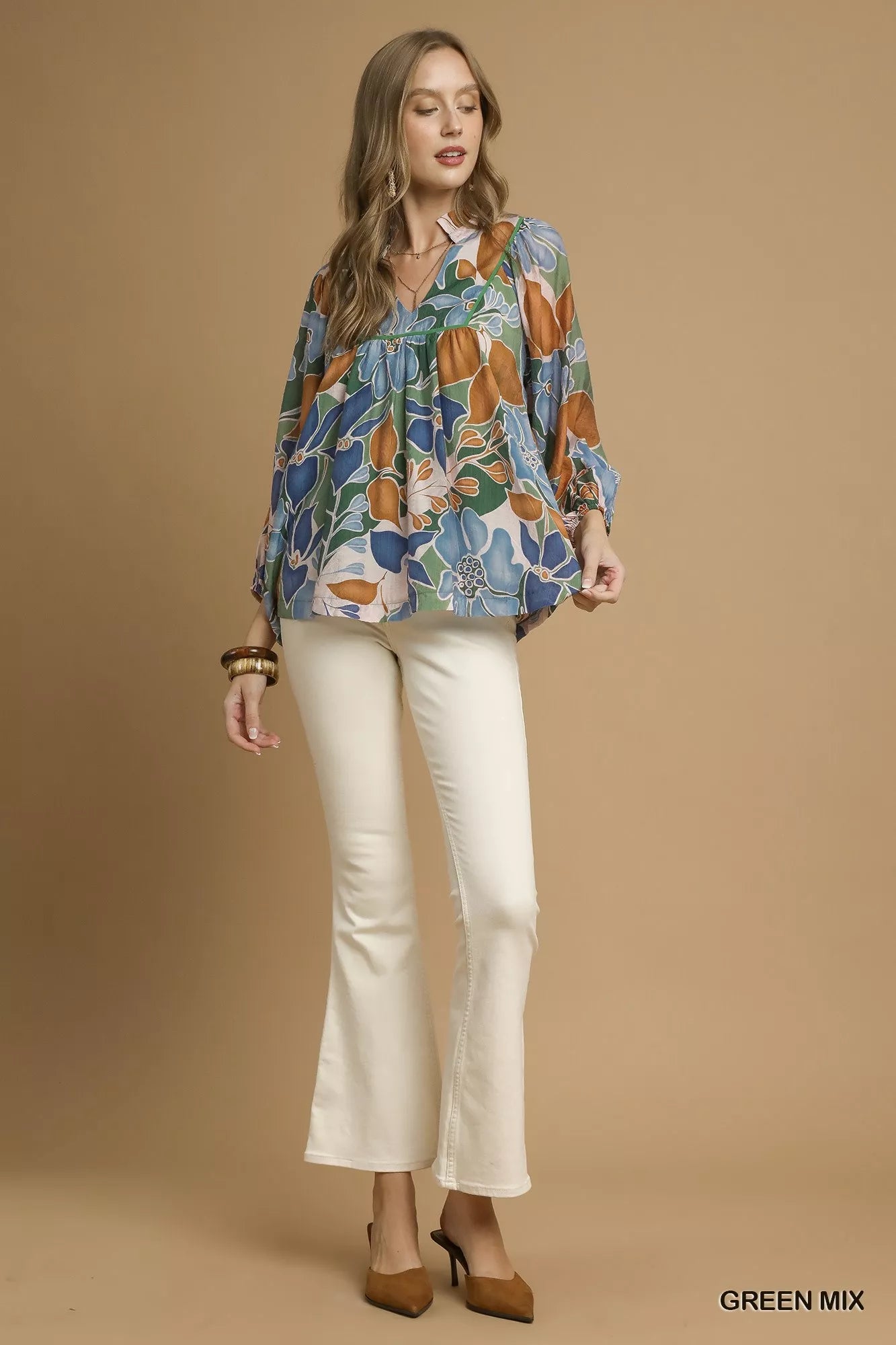 Multicolor Abstract Floral Print Blouse with Ruffle Neck