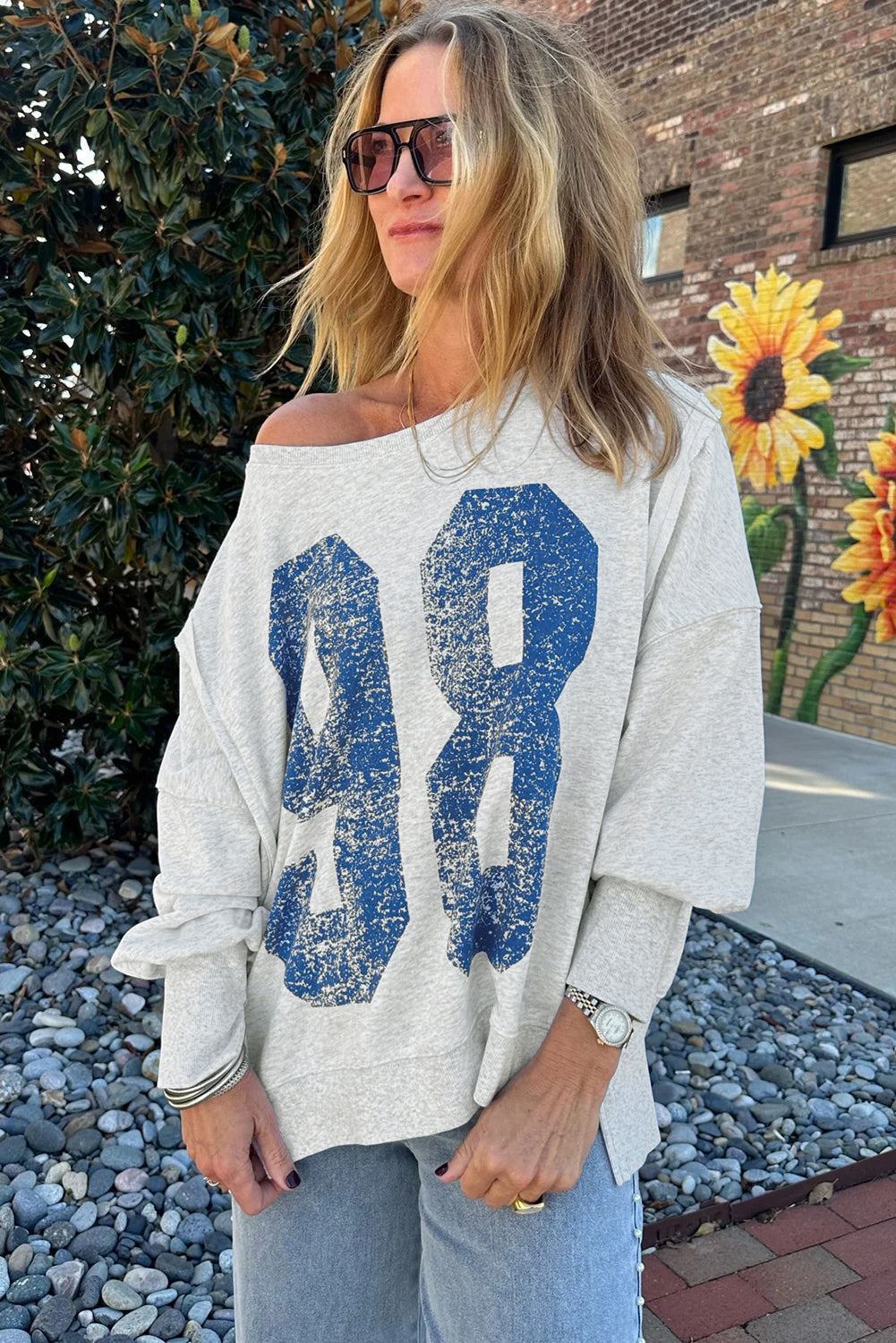 Light Grey Faded Varsity Print Loose Pullover Top