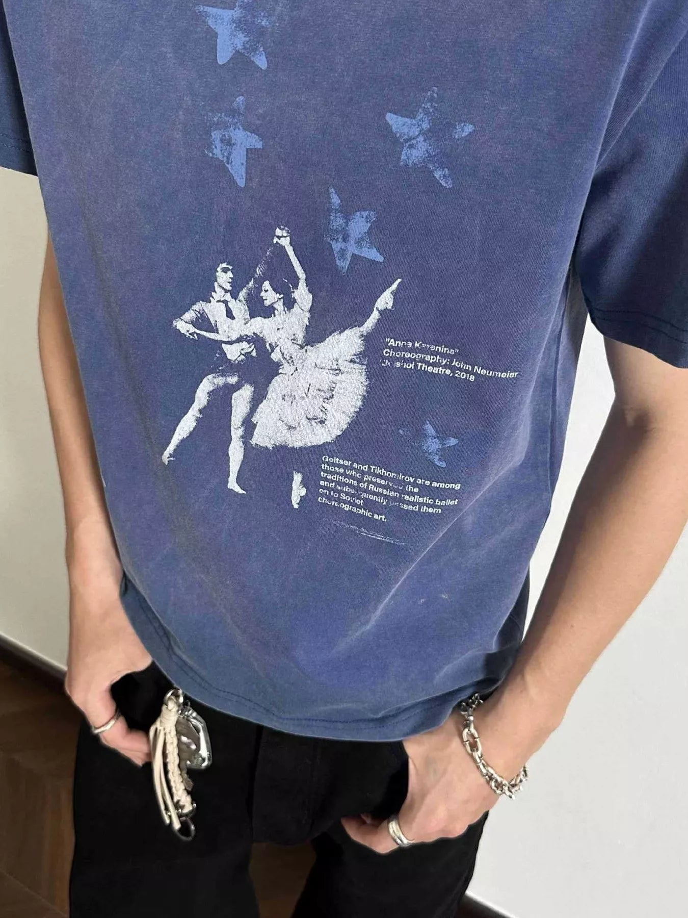 Men's Plus Size Vintage Washed Ballet Print T-Shirt