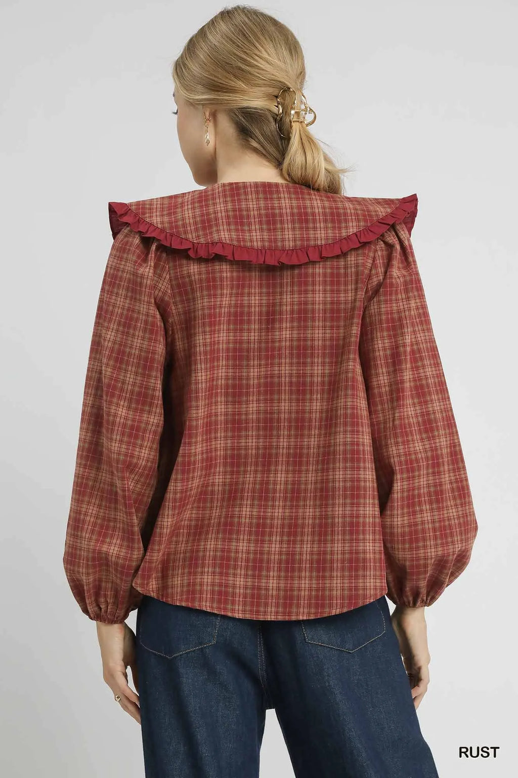 Full Size Plaid Ruffle Collar Blouse Plus Size