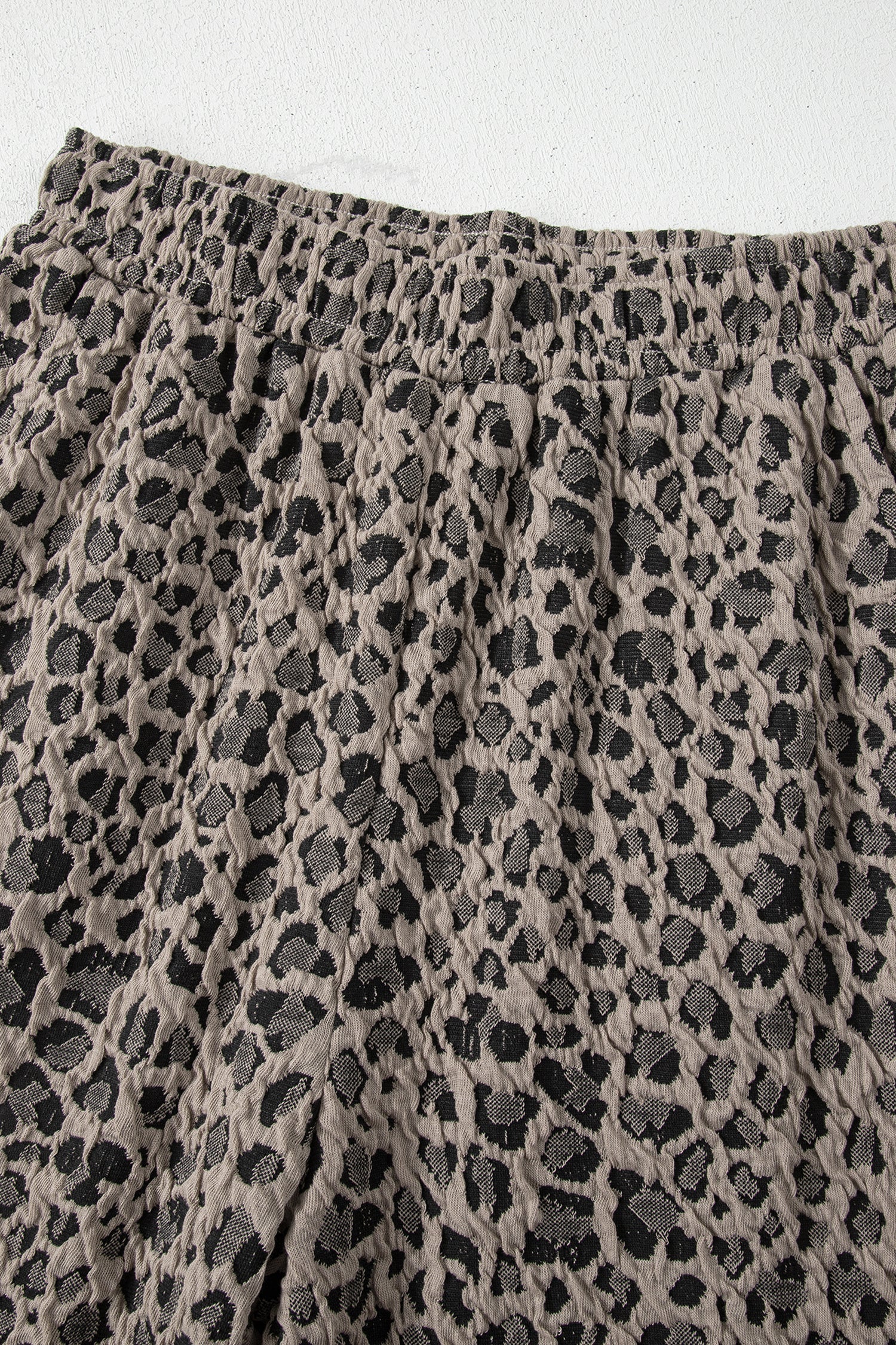 Khaki Jacquard Leopard Half Sleeve Jumper Wide Leg Pant Set