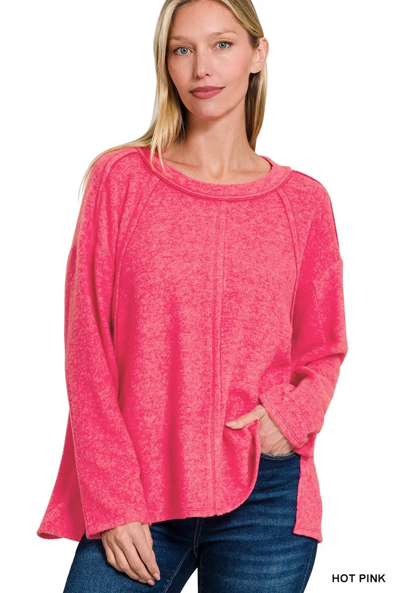 Brushed Hacci Exposed Seam Hi Low Sweater