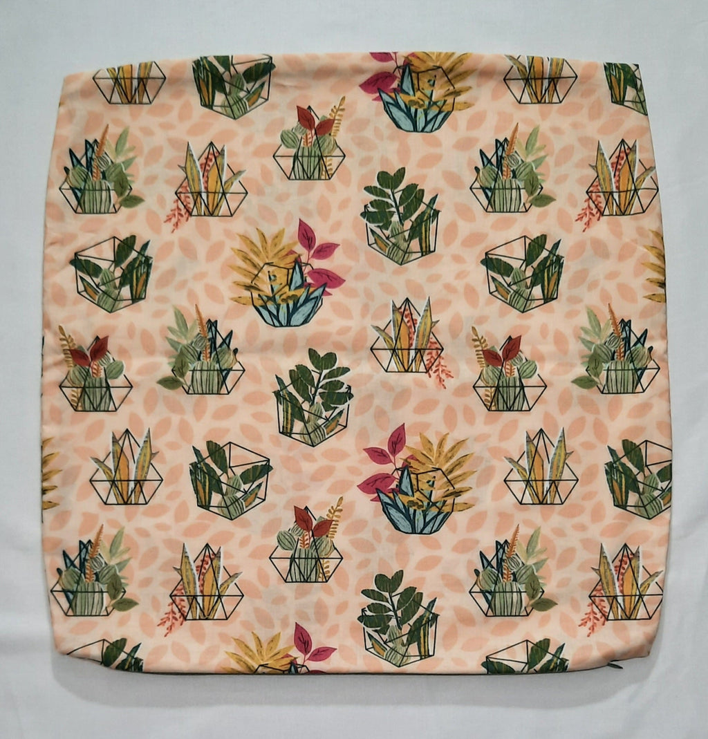 Beige, peach front and back. Catus and flowers. Size: 18"x18"