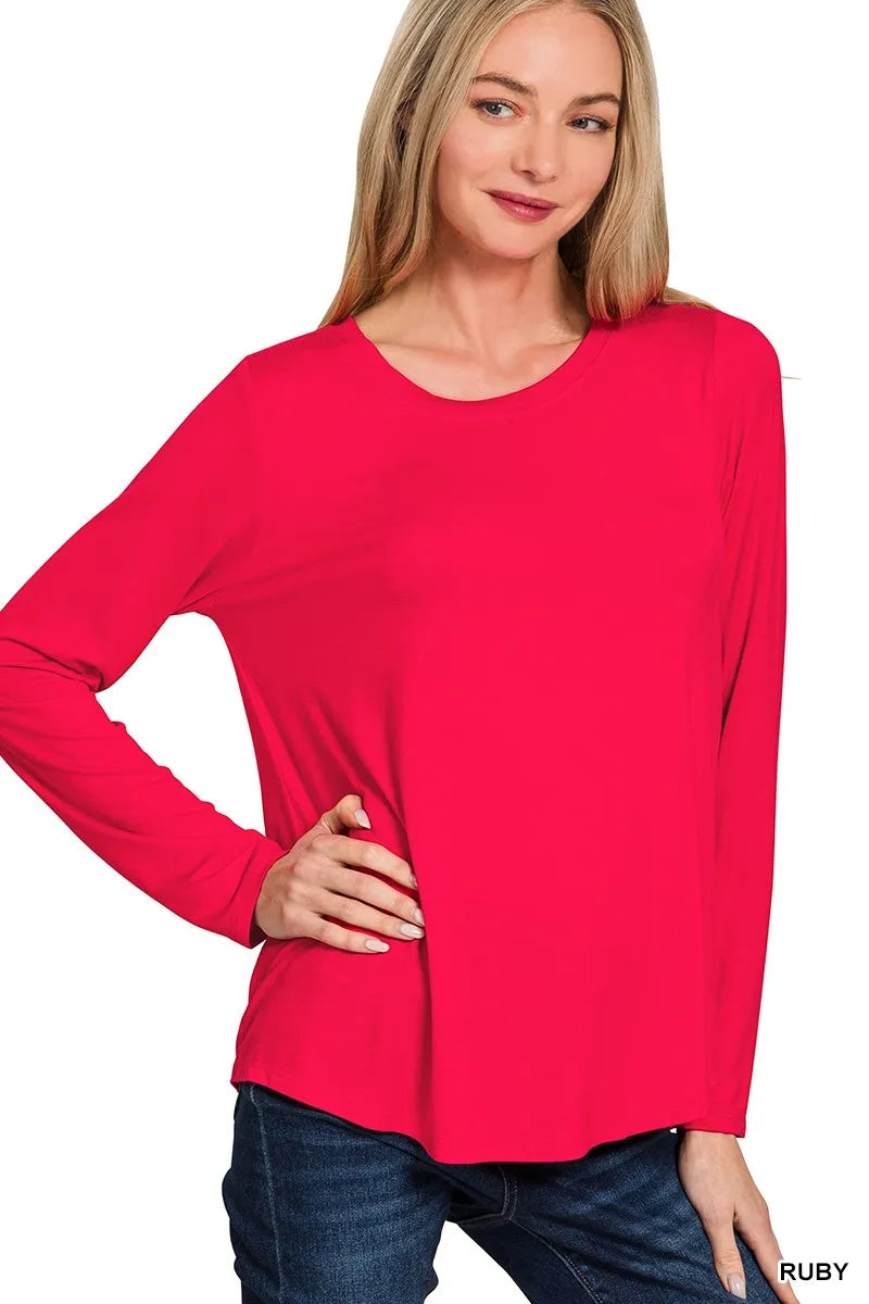 Flowy Round Hem Rayon Long Sleeve Top