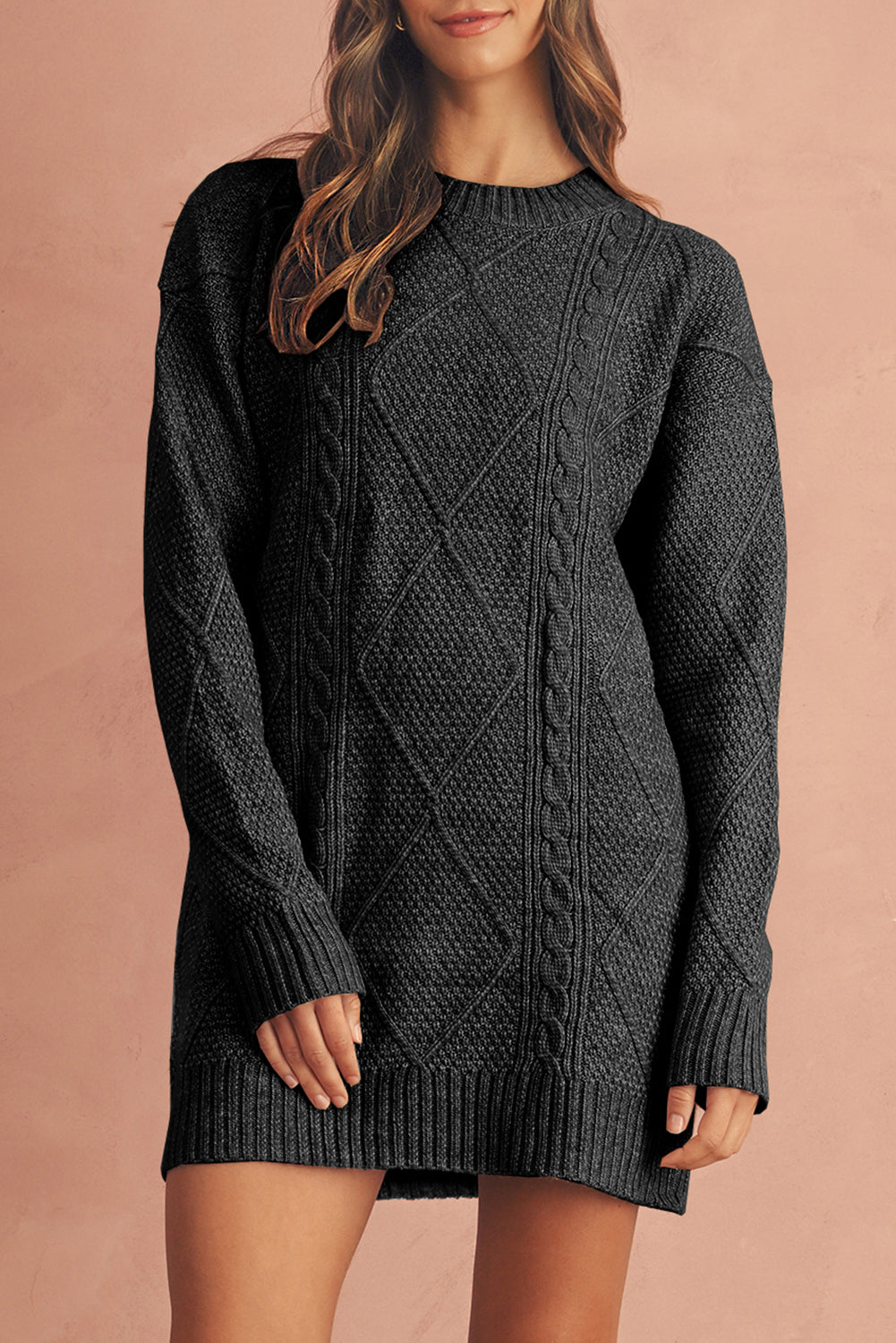 Mist Green Twist Cable Knit Drop Shoulder Loose Fit Sweater Dress
