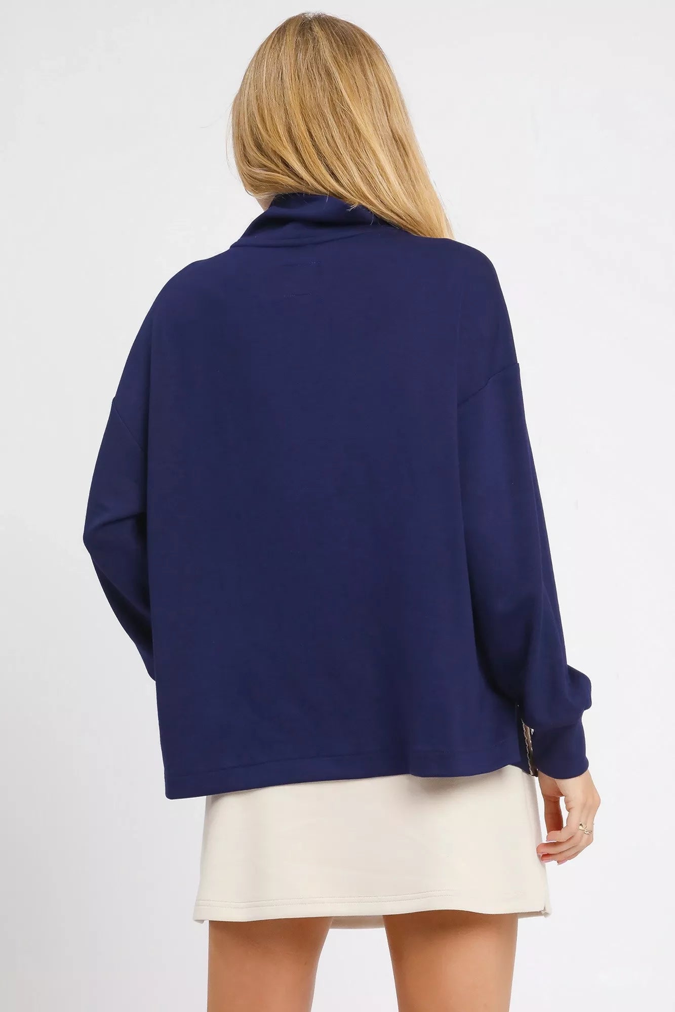 Turtle Neck Dolman Sleeve Side Slit Sweater with Contrast Detail