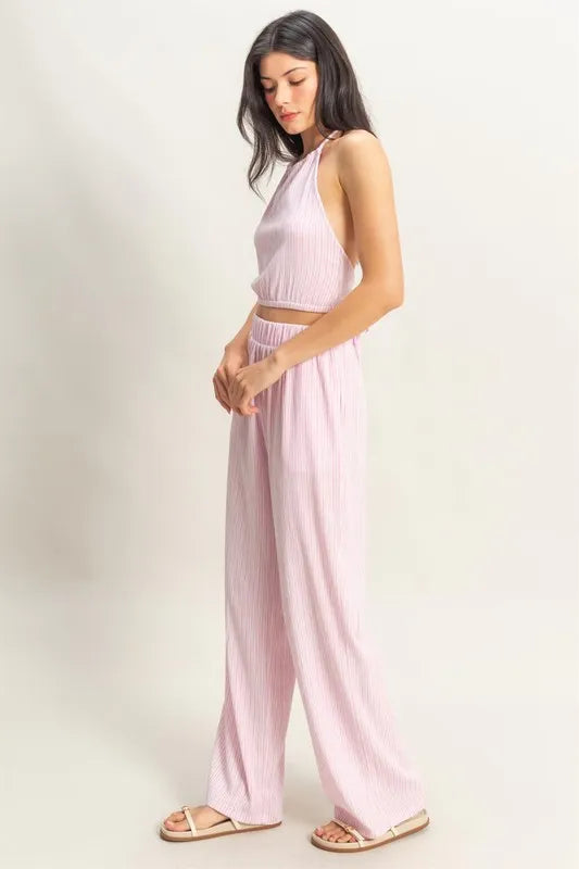 Striped Halter Neck Top and Pants Set