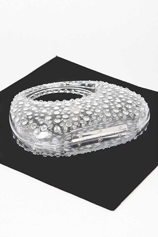 Box Clutch Top Handle Rhinestone Clear Statement Handbag Stylish Chic