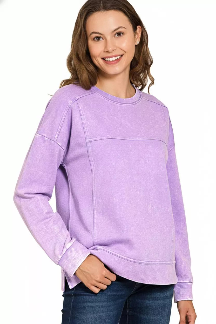 Acid Wash French Terry Exposed-Seam Pullover