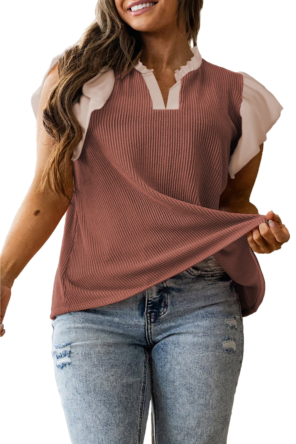 Rose Pink Plus Size Contrast Frilled Neckline Ruffled Short Sleeve Ribbed Textured Blouse