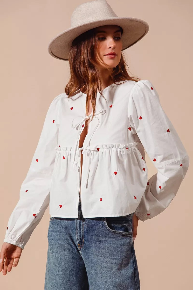 Front Tie Heart Embroidered Blouse With Puff Sleeve