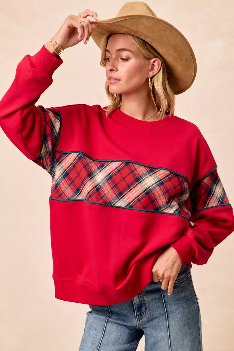 I am a Fashion Junky Christmas Theme Plaid Block Sweatshirt with Binding