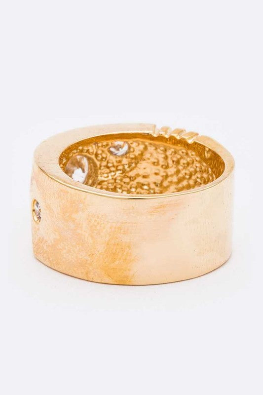 Gold Textured Engraved CZ Ring – Stylish Statement Jewelry