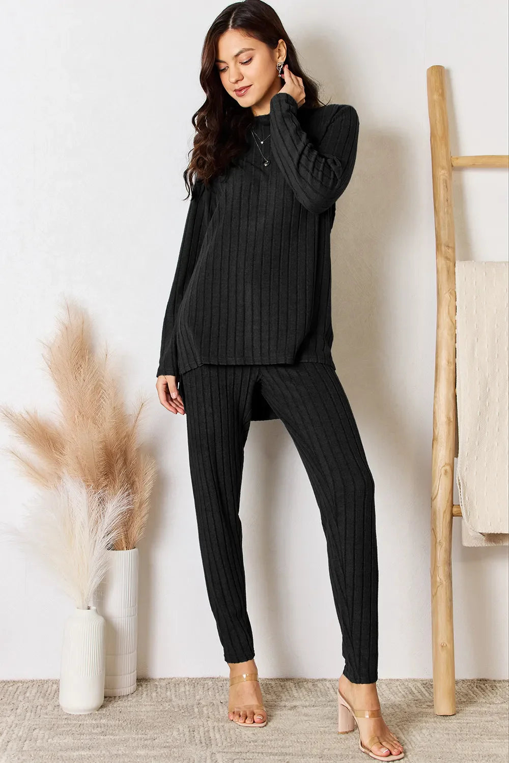 I am a Fashion Junky Full Size Ribbed Round Neck High-Low Slit Top and Pants Set