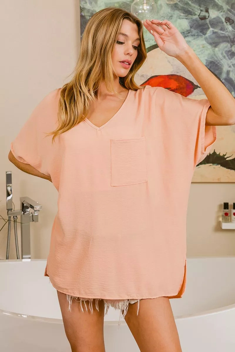 Woven V Neck Hi-low Boxy Top With Front Pocket