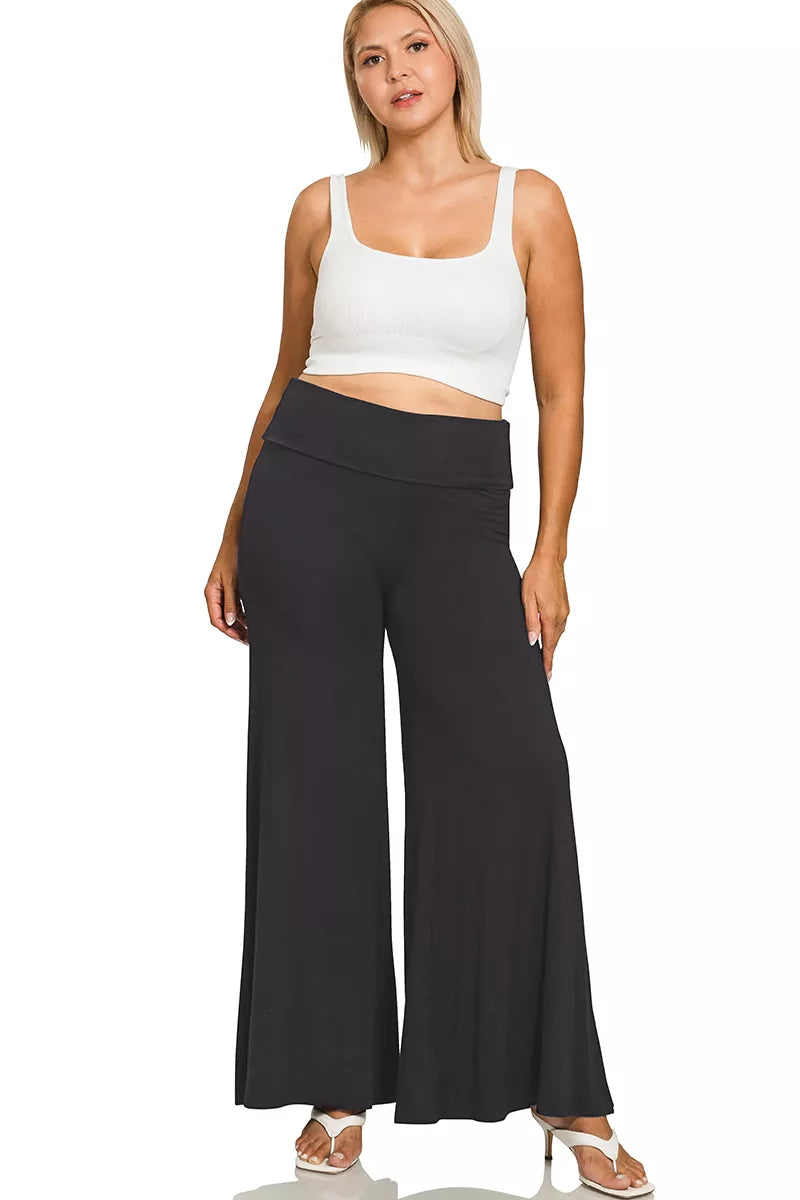 Full Size Fold Over Waist Comfy Wide Leg Pants Plus Size