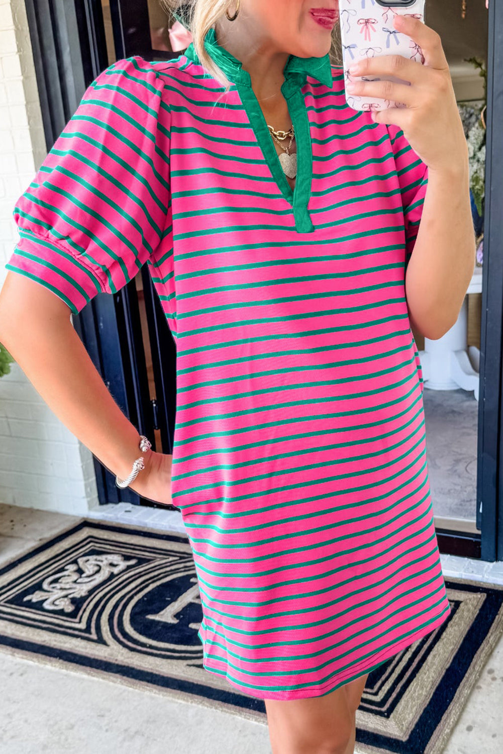 Pink Stripe Collared Puff Sleeve Pop of Color Neckline T Shirt Dress
