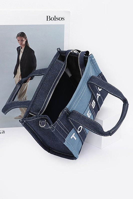 Denim Tote Bag with Patch Detail – Trendy Casual Fashion Handbag