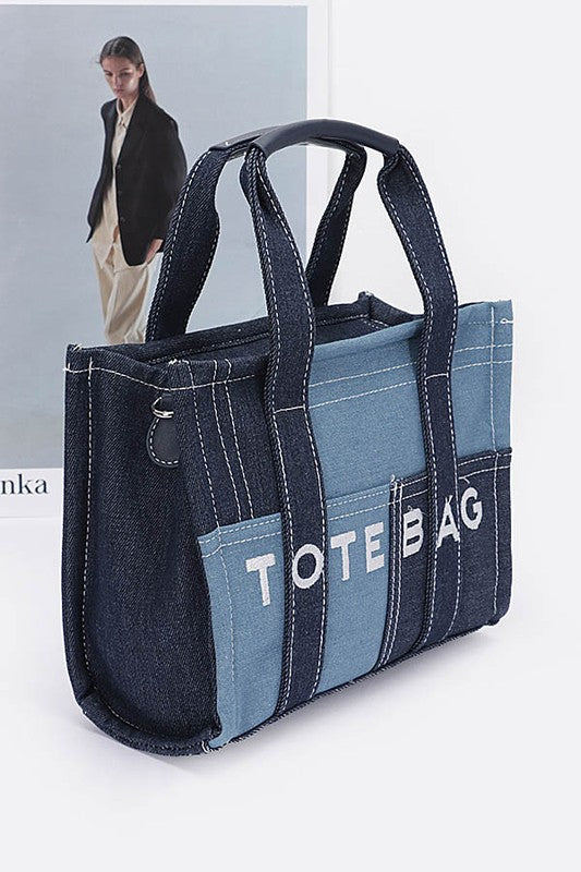 Denim Tote Bag with Patch Detail – Trendy Casual Fashion Handbag