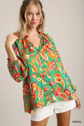 Satin Paisley Ruffle Neck Button-Up Shirt