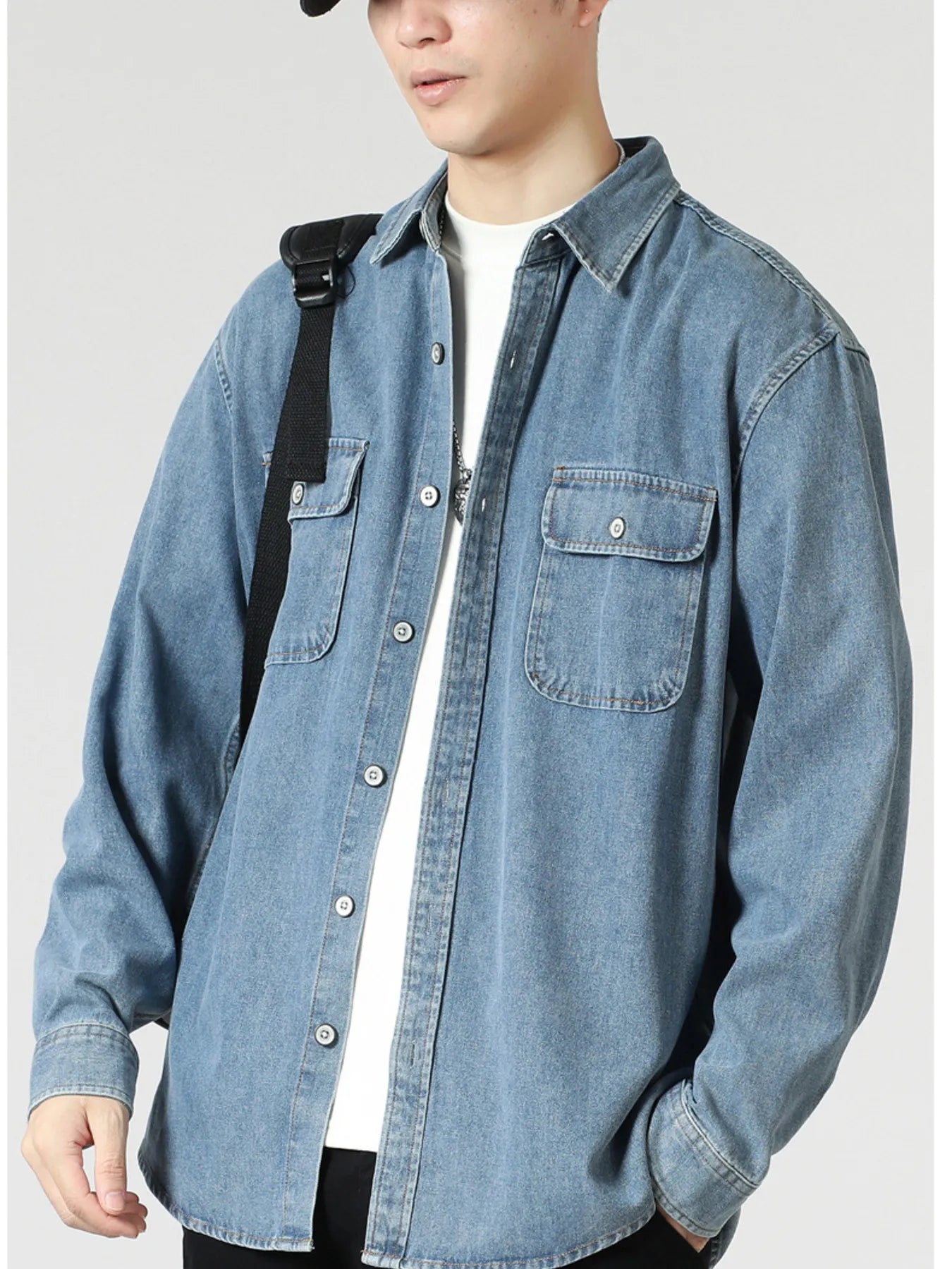 Men's Plus Size Wash Denim Shirt with Chest Pockets
