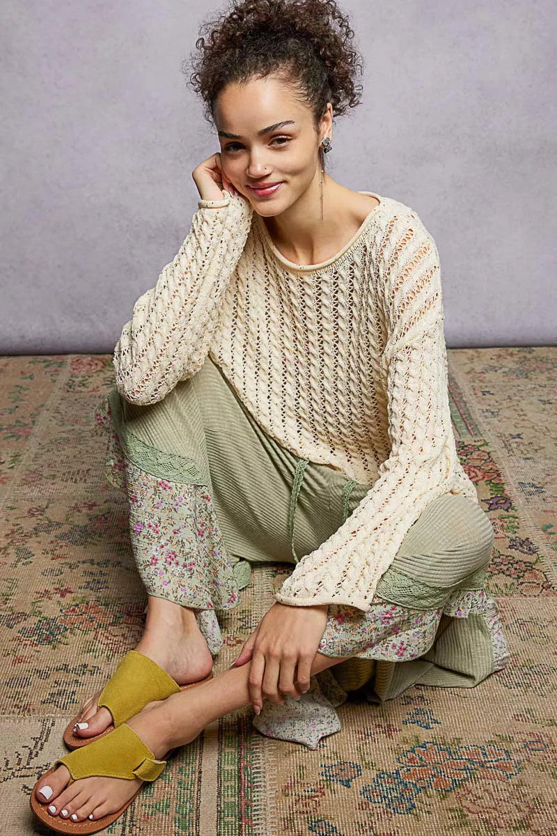 Openwork Round Neck Knit Top with Shiny Detail