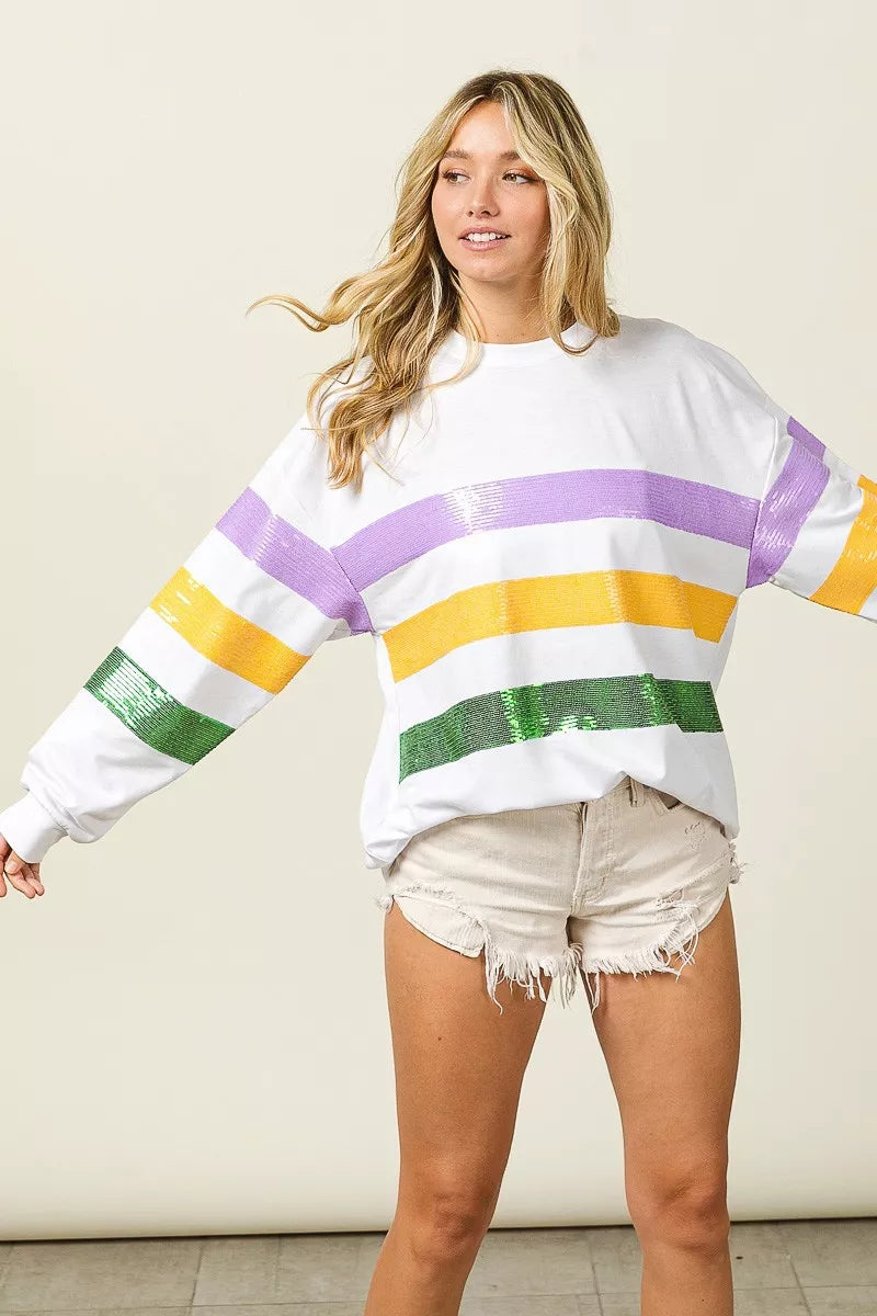 Sequin Mardi Gras Striped Round Neck Sweatshirt