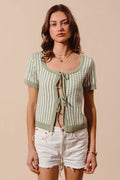 Tie Front Textured Vertical Stripe Knit Cardigan