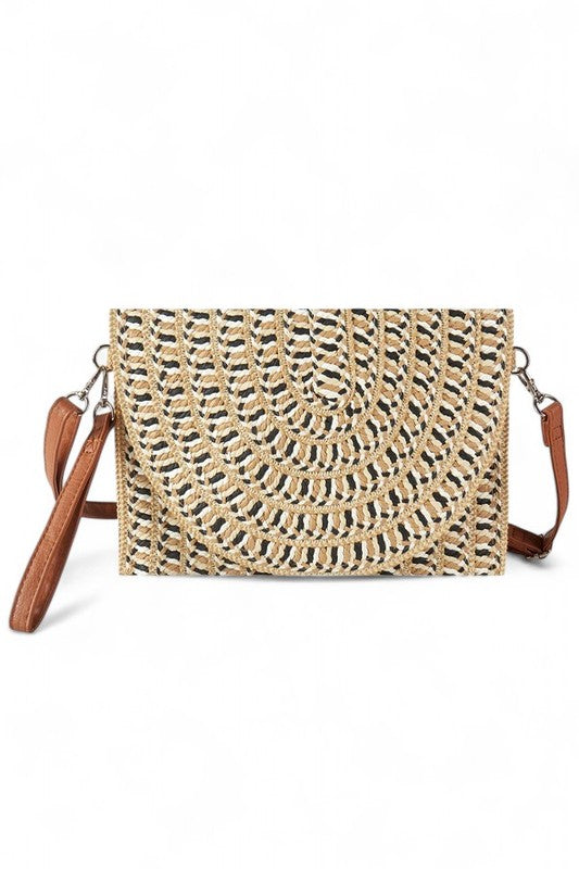 Fashion Handbag Mix Tone Faux Straw Convertible Crossbody Clutch Stylish Chic Accessory