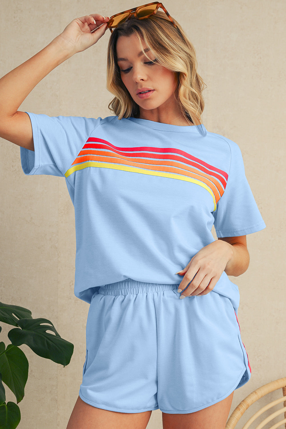 Beau Blue Colorful Striped Casual Tee