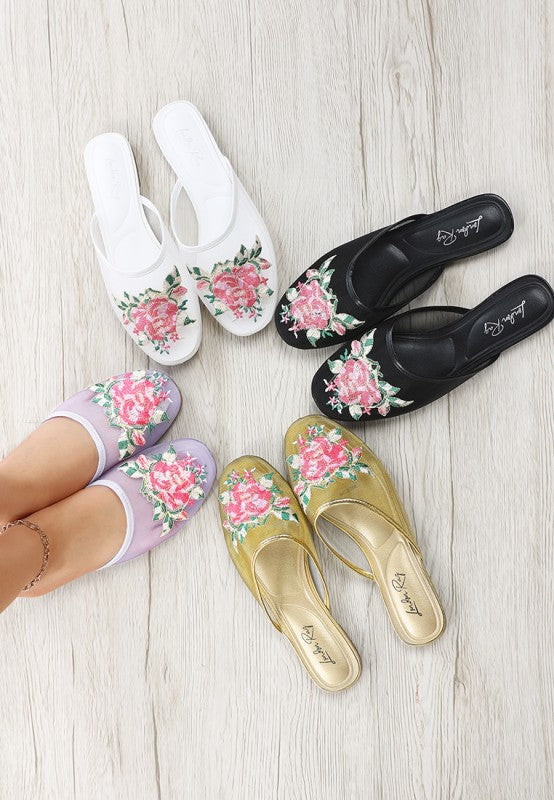 Shara Floral Embroidered Mesh Mules