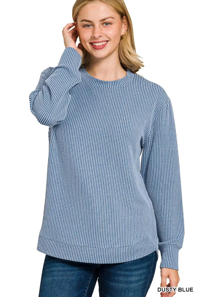 Full Size Raised Rib Round Neck Long Sleeve Top Plus Size