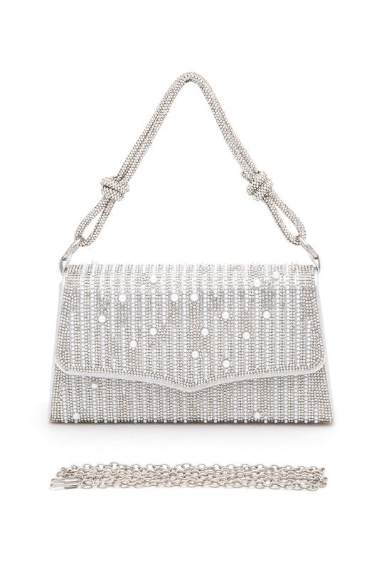 Rhinestone Pearl Top Handle Statement Clutch Bag
