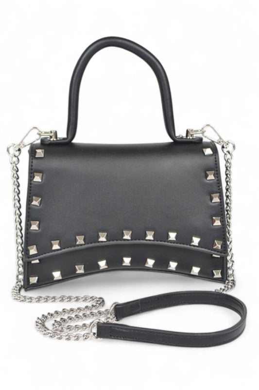 Metallic Faux Leather Studded Top Handle Swing Bag