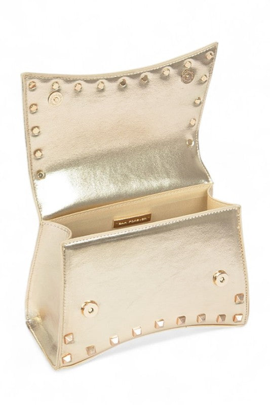 Metallic Faux Leather Studded Top Handle Swing Bag