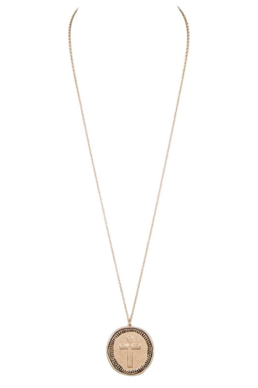 Long Necklace with Embossed Cross Pendant – Stylish Statement Jewelry