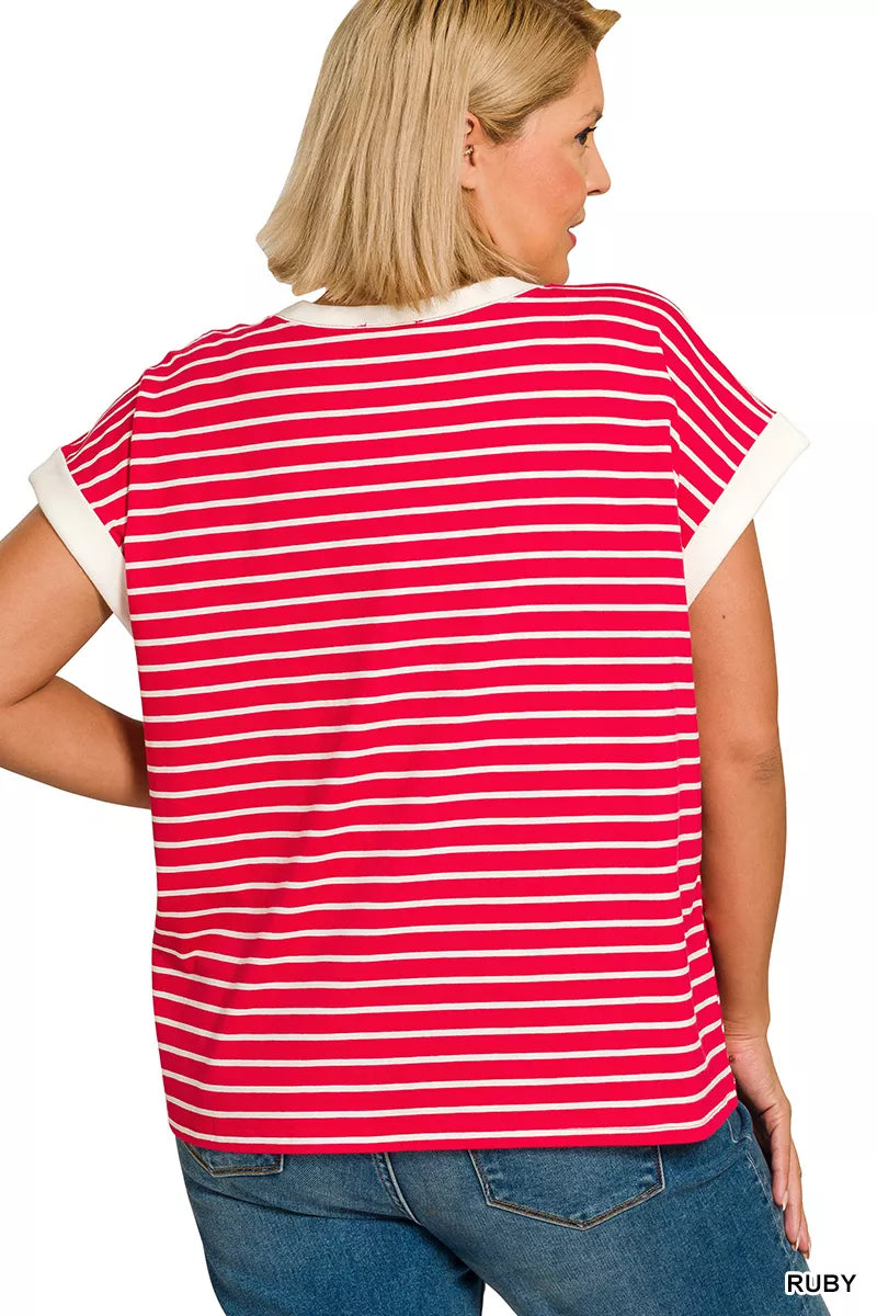 Full Size Contrast Trim Cap Sleeve Stripe Tee Plus Size